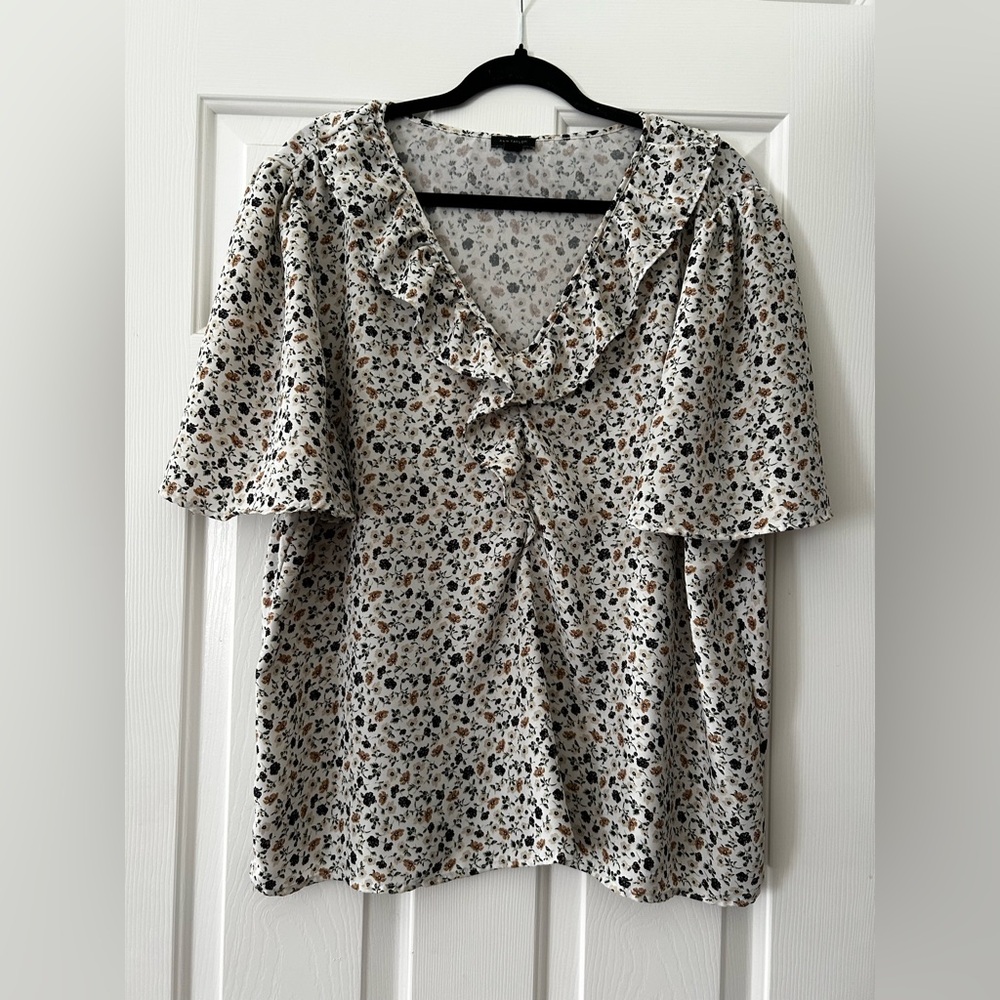 Ann Taylor Floral Ruffle Blouse in Black and Brown